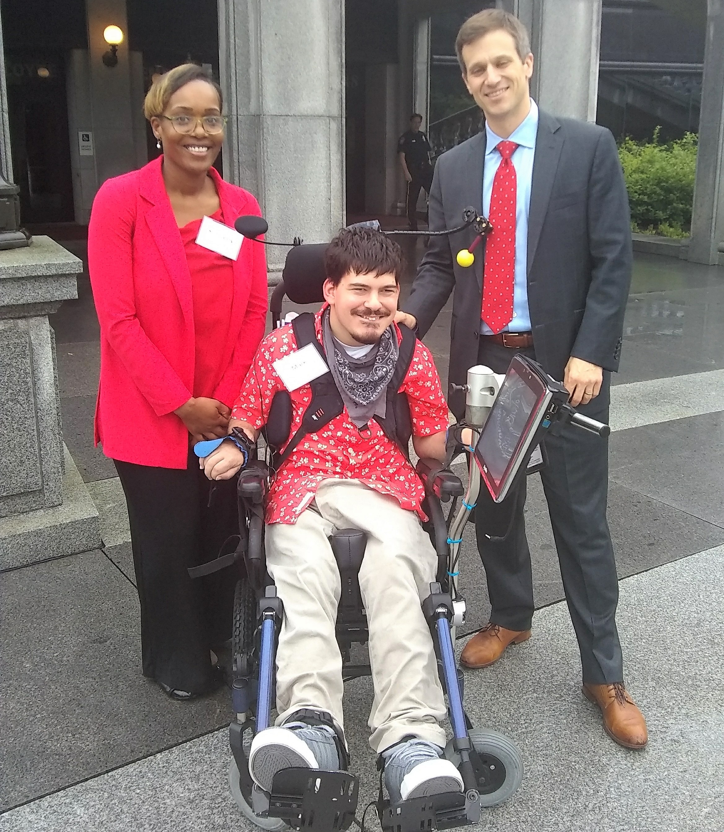 Pictured: Disability rights advocate Mark Steidl (center) joins the Pennsylvania Homecare Association's Advocacy Day in Harrisburg to tell legislators about what home care means to him. He is pictured here with BAYADA Home Health Care Associate Kimberly Gardner (left) and CEO David Baiada (right).